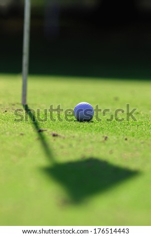 Golf ball on green with the shadow of the flag