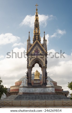 Albert Memorial seen from back in front of roof of Royal Albert Hall in London