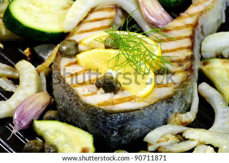 grilled bell of salmon with fennel, zucchini,  garlic and lemon