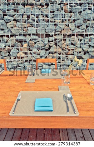 Wedding or dinner table place setting Fork and knife and glas