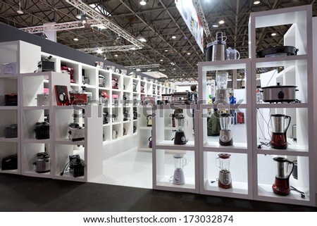 PARIS, FRANCE - JANUARY 24, 2014: Food processors sit on shelves at Maison&Objet, the French leading professional trade show for home fashion in Paris, France.