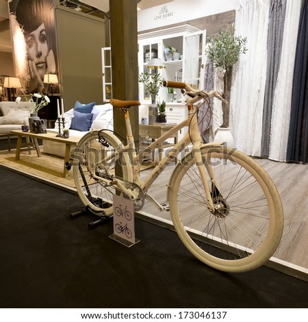 PARIS, FRANCE - JANUARY 24, 2014: A bicycle printed with butterflies is on display at Maison&Objet, the French leading professional trade show for home fashion in Paris, France.