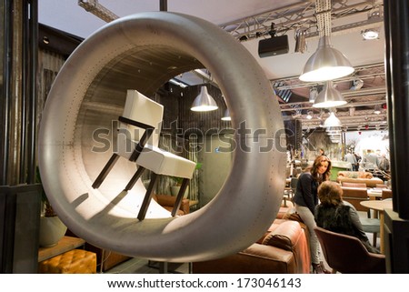 PARIS, FRANCE - JANUARY 24, 2014: A chair in a plane reactor is on display at Maison&Objet, the French leading professional trade show for home fashion in Paris, France.