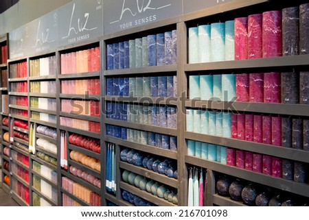 PARIS, FRANCE - SEPT; 5, 2014: Candles are on display at Maison et Objet, the French leading professional trade show for home fashion and design.