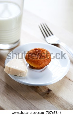 muffin, butter and milk breakfast