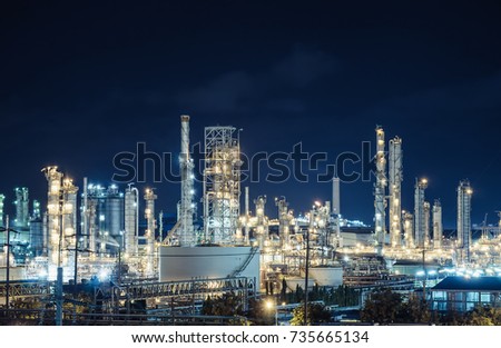 Oil and Gas refinery industry plant with lighting, Factory at night time, Petrochemical plant, Petroleum