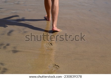 female feet, walking on the sea sandy shore