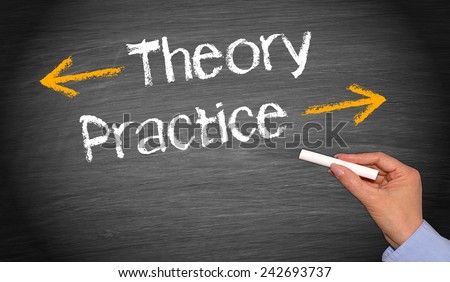 Theory and Practice - female hand with chalk and text with arrows