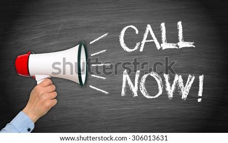 Call Now ! - Female hand with megaphone and text