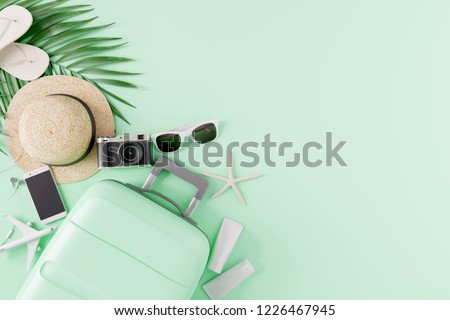 Flat lay Green suitcase with traveler accessories on green background. travel concept. 3d rendering