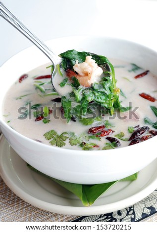 coconut milk soup with fresh shrimp and vegetable Thai cuisine