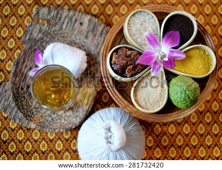 close up set of Thai spa with tea and mix thai herb