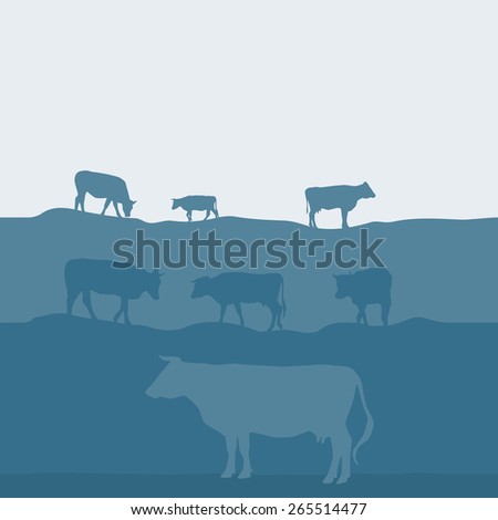 Cows silhouette graze in the field, landscape, sky, grass, pasture. Blue, gray background. Vector