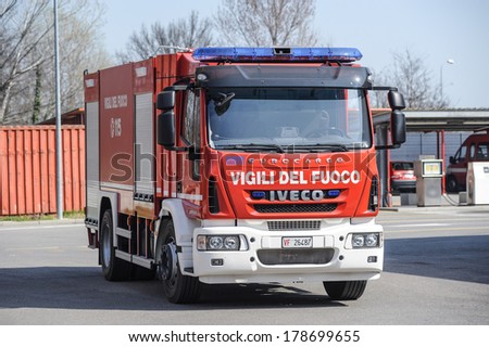LODI, ITALY - MARCH 14: fire department vehicles in Lodi March 14, 2013.  Italian vehicles firefighters during a training exercise