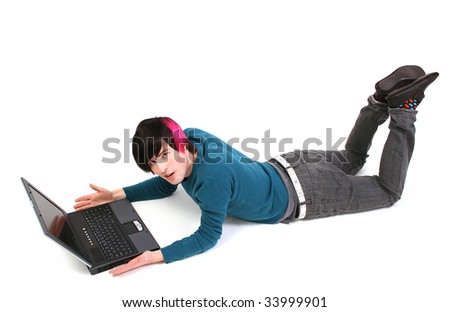 student with laptop. young adult with pc studying isolated on white