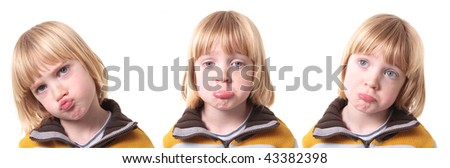 sad or upset child isolated on white. blond boy kid show emotion of sadness or depression