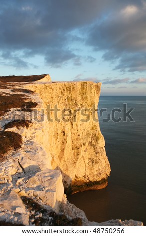 chalk cliff in sussex. English landmark, seven sisters hills by the sea in seaford. beach in spring and sunset