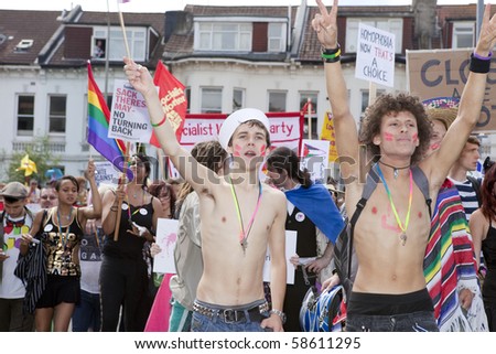 BRIGHTON, UK - AUGUST 07: Brighton Gay Pride parade. party of the 19th pride with over 15k people participating. A celebration of diversity and homosexual rights. august 07, 2010 in Brighton, UK.
