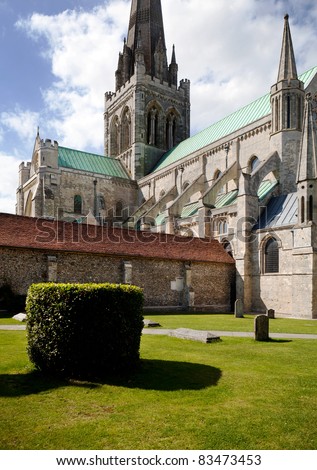 Chichester cathedral, christian church in Sussex England. historic religious architecture with tower and spire