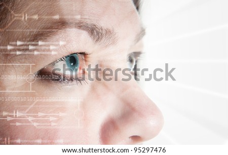 Iris scan, biometric scanning of eye retina for identification. Close-up of woman's pupil with high-tech graphic overlay
