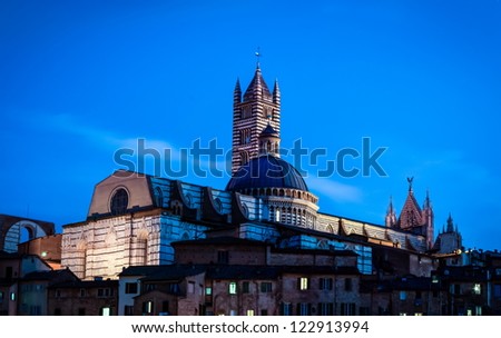 Siena Cathedral (Duomo di Siena) at night, Italy.Historic centre of Siena is at Unesco World Heritage List.