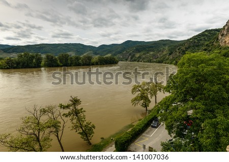 Stein city close to river Danube / Donau in Wachau,Austria with flood water.June 2013.