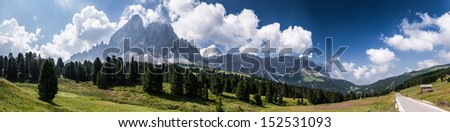 Panorama photo of Italy Dolomites mountain at summer.Dolomites are on UNESCO World Heritage List