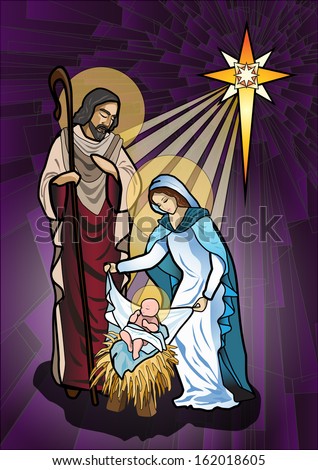 Vector illustration of the holy family of the nativity or birth of Jesus created as stained glass.