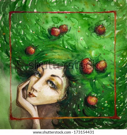 summer.Portrait of beautiful woman with apples in her green hair.Picture created with watercolors.