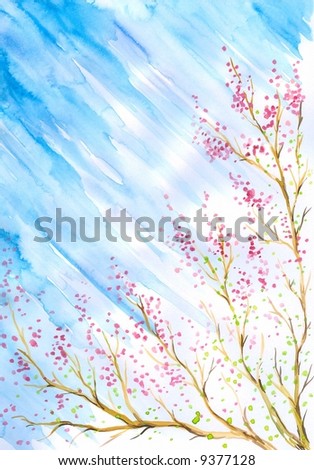 Pink flowers on a bush watercolor painted.Picture I have paint by myself.