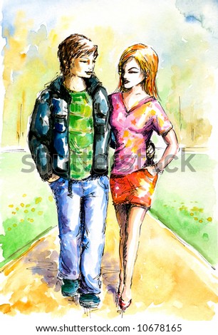 Girl and boy on the walk in park.Picture I have painted myself 
with watercolors. - stock photo