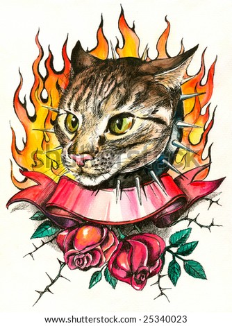 Angry cat with collar,fire and roses.Picture I have created myself with watercolors.