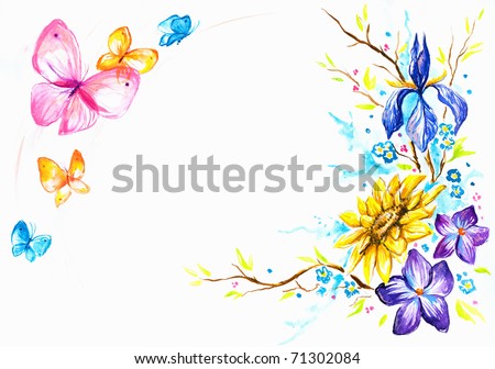 pictures of flowers and butterflies. stock photo : Hand painted background with flowers and butterflies.