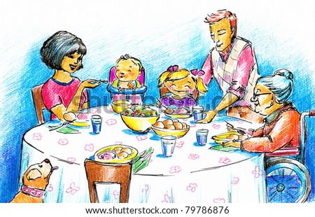 Family eating dinner.Picture I have created with colored pencils.