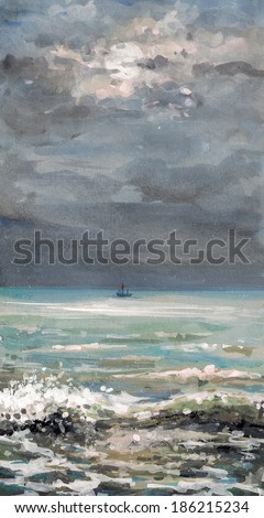 Watercolor painting of seascape -small boat on the sea before storm.