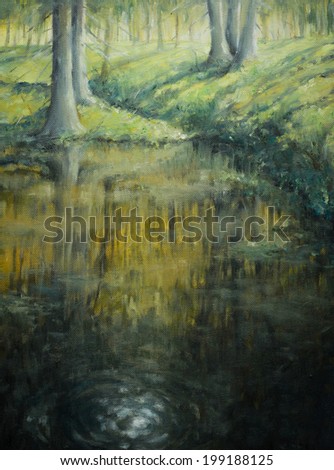 Pond in sunrise forest.Picture painted with oil colours.