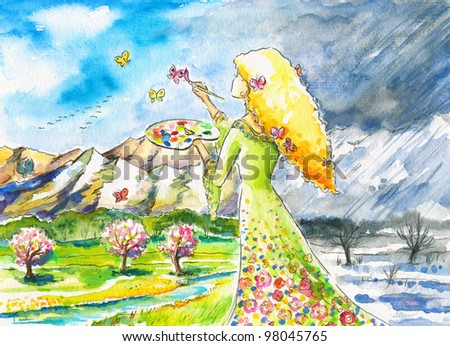 Mrs.Nature painting landscape in new,spring colors.Picture I have created with watercolors.