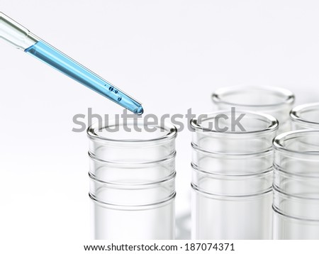 Dropping blue liquid in test-tubes on white background