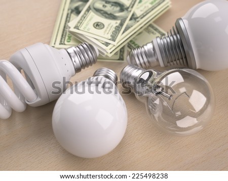 Different types of light bulb in front of one hundred dollar bill stack