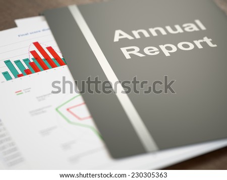 Black annual report folder with graphs and charts close-up