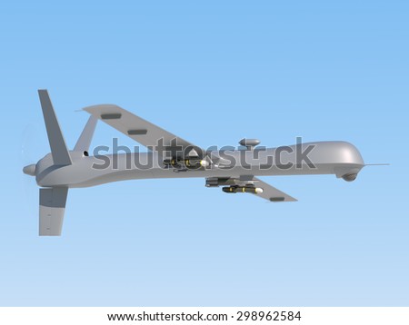 Military unmanned aerial vehicle (UAV) with missiles in the sky