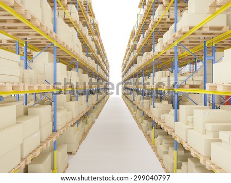 Storage racks with various boxes and merchandise isolated on white