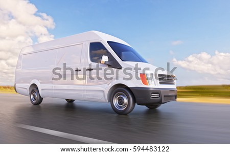 White Custom Designed Unrecognizable Commercial Van on the Road Motion Blurred 3d Illustration