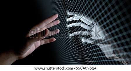 Hands of Robot and Human Touching Through Virtual Grid on Black Background. Virtual Reality or Artificial Intelligence Technology Concept 3d Illustration