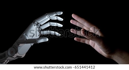 Hands of Robot and Human Touching Isolated on Black Background. Artificial Intelligence Technology Concept 3d Illustration