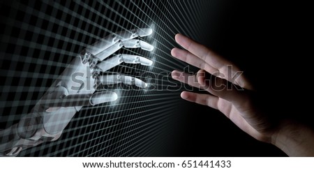Hands of Robot and Human Touching Through Virtual Grid on Black Background. Artificial Intelligence Concept 3d Illustration