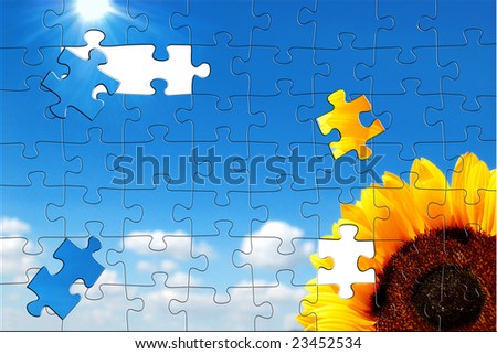 Sunflower on a background of the cloudy blue sky with sun. Puzzle picture.