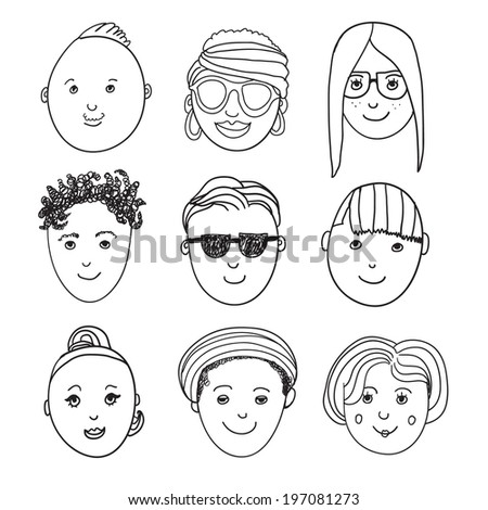 set of vector hand drawn people faces