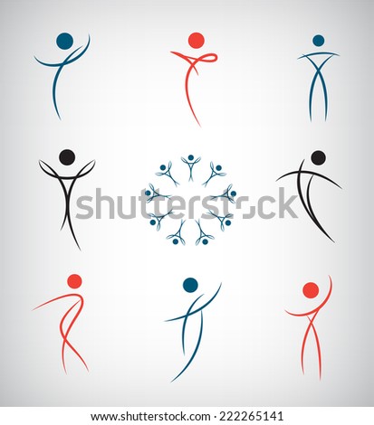 vector set of abstract line man, sport, dance, figure, team icons, logos isolated