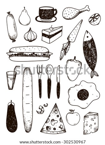 Vector set of hand drawn black and white food. Pizza, fish, sandwich, carrot, meet, etc.